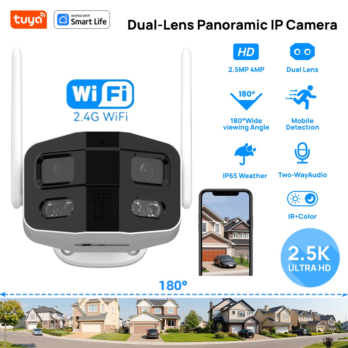 Home Security Camera Xiaomi - Tuya Smart 4MP 2.5K Dual-Lens Large