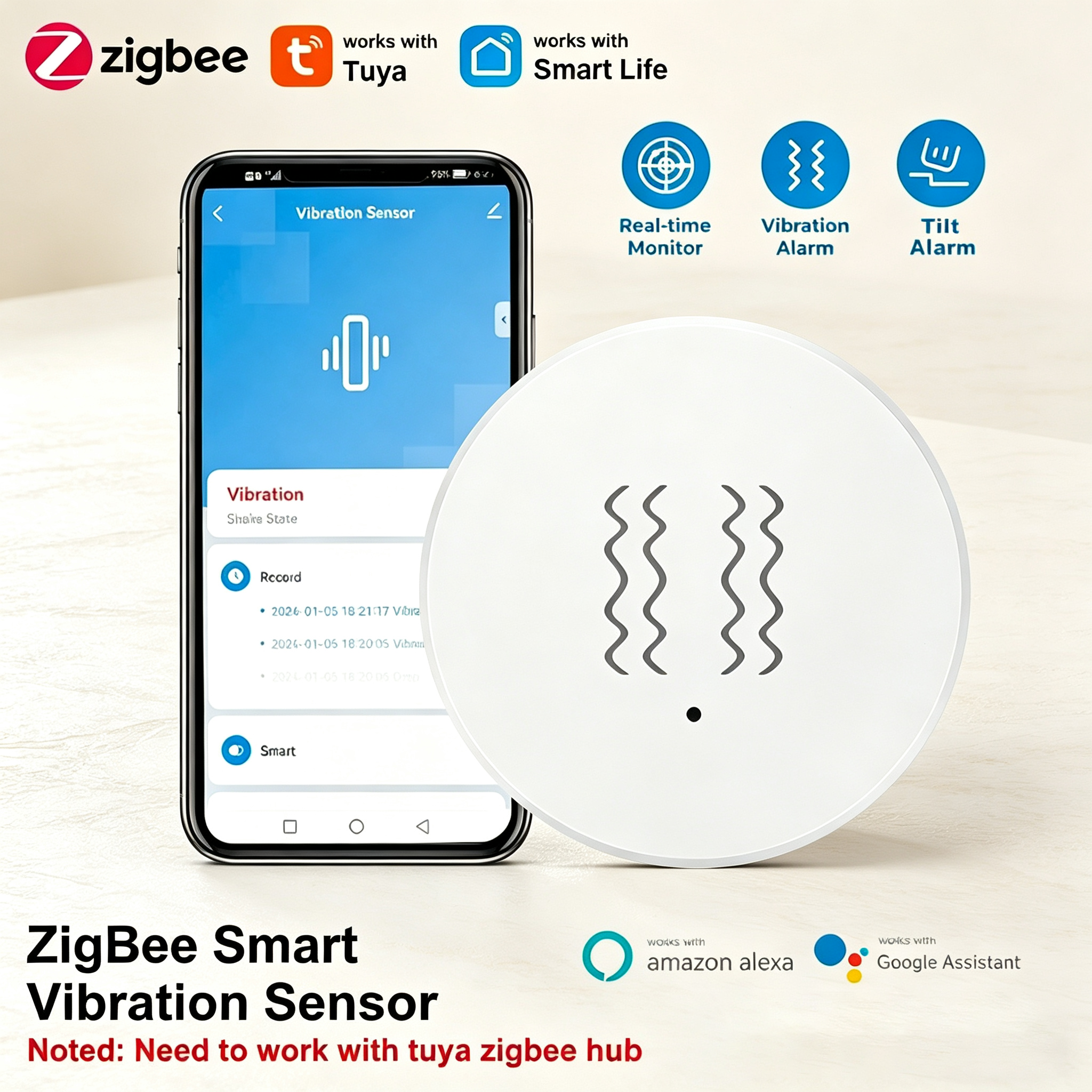 Home Security Alarm - Tuya ZigBee Smart Vibration & Tilt